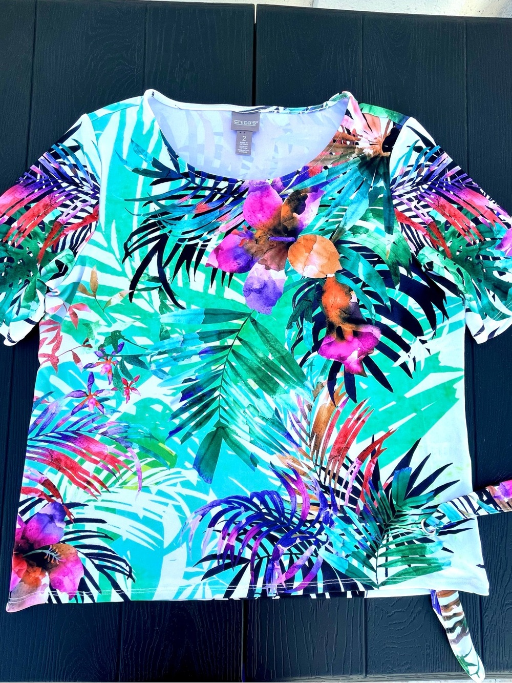 Chico's Tropical Paradise Top Side Tie-Knot Summer Beach Coconutgirl Size 2 EUC - Picture 3 of 11